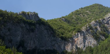Rhodopes, Güneydoğu Avrupa 'da bir sıradağdır. Bulgaristan. Panorama. Orman alanı dağları kaplıyor..