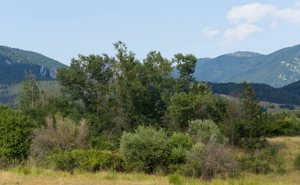 stock image Panoramic terrain of southern Europe. Landscape of Bulgaria-mountains, fields, flora.