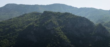 Rhodopes, Güneydoğu Avrupa 'da bir sıradağdır. Bulgaristan. Panorama. Orman alanı dağları kaplıyor..