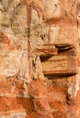 Yüksek oranda demir oksit içeren tortulu kayalar. Kırmızı toprak, toprak. Toprağın dokusu.