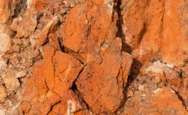 Yüksek oranda demir oksit içeren tortulu kayalar. Kırmızı toprak, toprak. Toprağın dokusu.