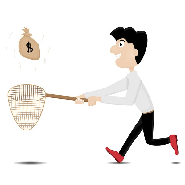 Cartoon Man Running Chasing Money Basket — Stock Vector