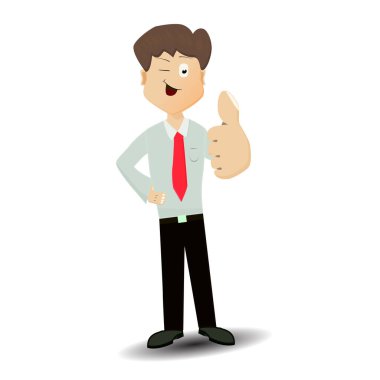 Karikatür işadamı ayakta duruyor ve başparmağını kaldırıyor.