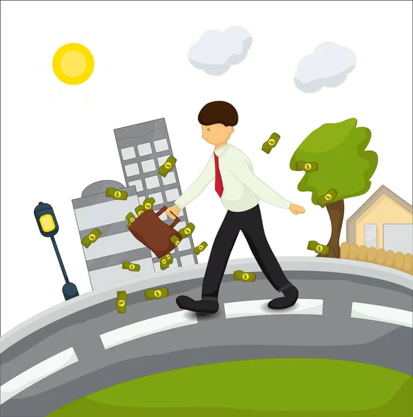 Success Businessman Walking Home Office Bring Suitcase Full Money — Stock Vector