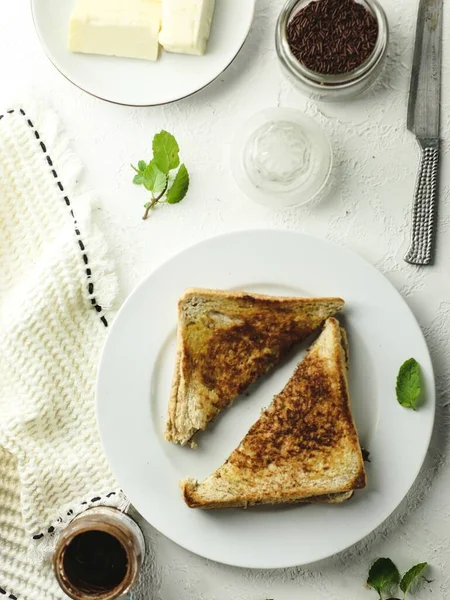 Toast Chocolate Cheese Slightly Cooked Plate — Stockfoto