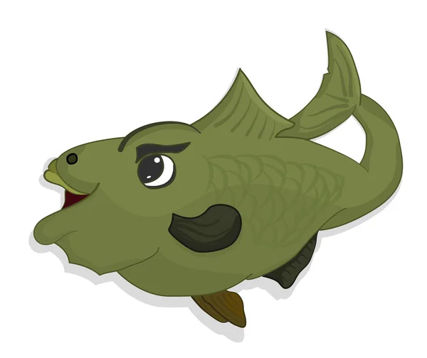Kreskówka Zielony Bas Ryba Otwartymi Ustami Biały Tło — Wektor stockowy