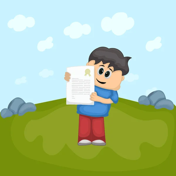 Cartoon Boy Showing Document Landscape Background — Stock Vector