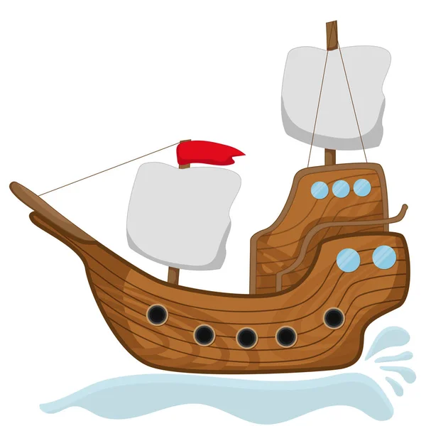 Drewniany Statek Kreskówki Podróży Białymi Żaglami Flagą Izolowany Białym Tle — Wektor stockowy
