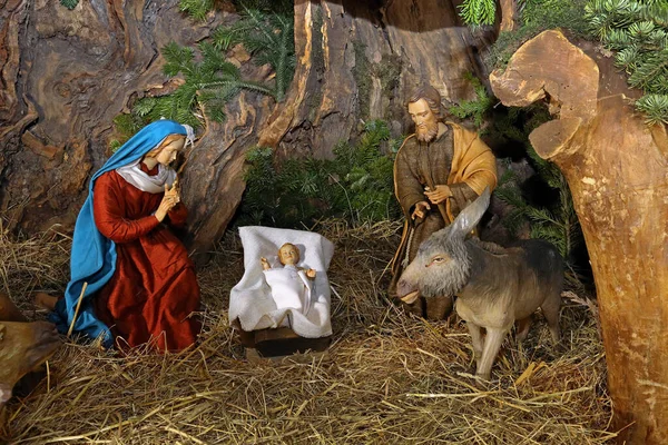 Cama Natal Figuras Natividade Maria José Com Cristo Menino — Fotografia de Stock