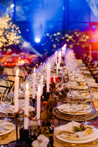 Festive Large Table Decorated Christmas Symbols Candles Sparkle Party Celebration — Stock Photo, Image