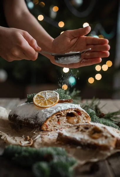 Christmas Stollen Powdering Sieve Cooking Decorating Female Hand — Stock Photo, Image