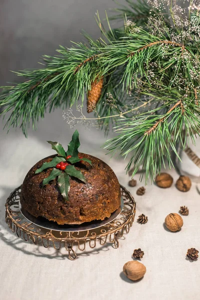 Decorated Christmas Stollen Figured Stand Spruce Branche — Stock Photo, Image
