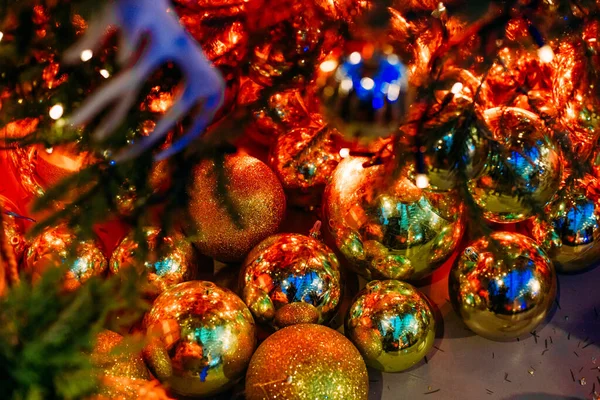 Lot Golden Balls Decoration Christmas Tree Shining Sparkles Reflectio — Stock Photo, Image
