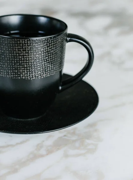 Black Cup Saucer Texture Ceramic Close Drink Home Kitchen Insid — Stock Photo, Image