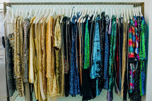Lot Festive Women Dresses Dressing Room Racks Showcas — Stock Photo, Image