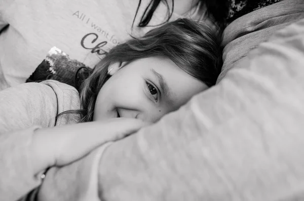 Happy Girl Lies Pillow Sleep Closed Her Eye — Stock Photo, Image