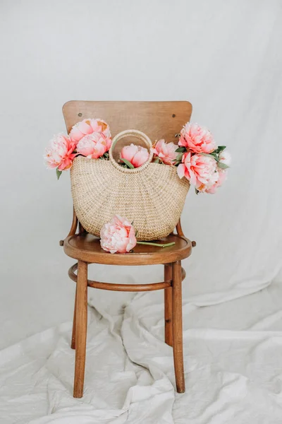 Basket Peony Flowers Viennese Chair White Background Insid — Stock Photo, Image