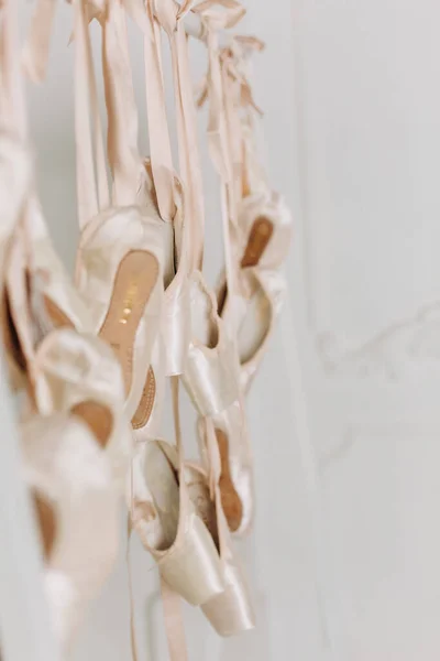 Lot Ballerina Shoes Hanging Laces Row Concept Backgroun — Photo