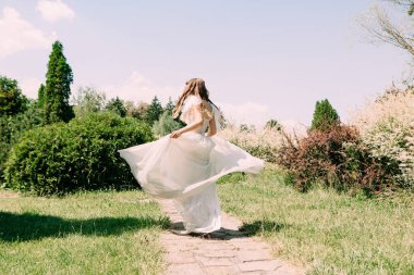 beautiful bride stylish white dress outside wedding ceremony concept