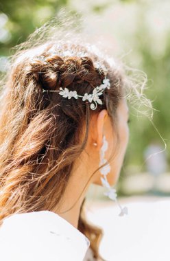 beautiful bride stylish white dress outside wedding ceremony concept