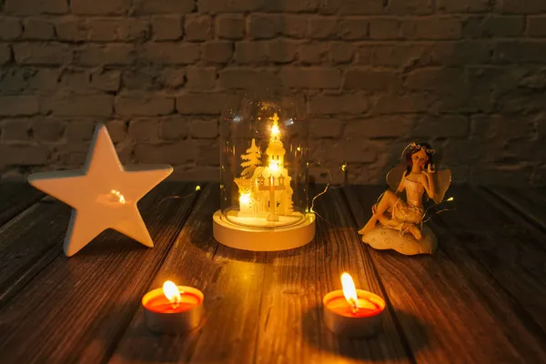 Luz Velas Decoração Luz Amarela Estrela Anjo Mesa — Fotografia de Stock