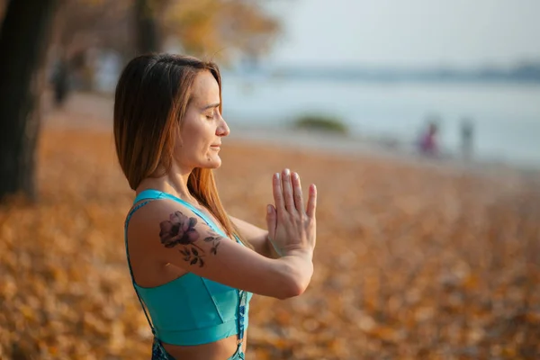 Yoga Tacksamhet Namaskar Namaste Vacker Flicka Meditera Solnedgången — Stockfoto