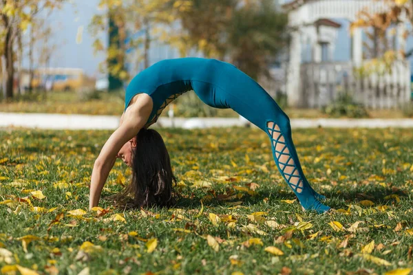 Vacker Ung Kvinna Blå Kläder Gör Yoga Parken — Stockfoto