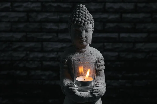 Beautiful Stone Buddha Sculpture Black Background Burning Candle Zen Meditation — Stock Photo, Image