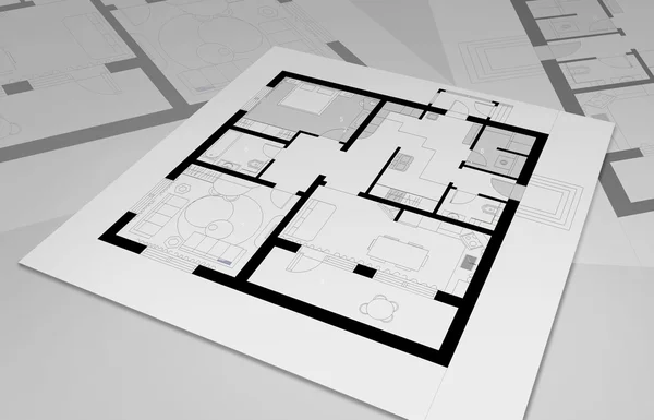 Drawings, sketches the outline plans and interiors of buildings — Stock Photo, Image