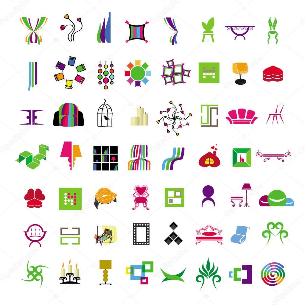 Collection of vector icons of furniture and interior