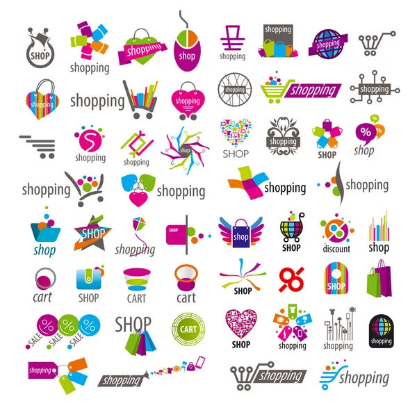 Gran colección de logos vectoriales y cesta de descuentos de compras — Vector de stock