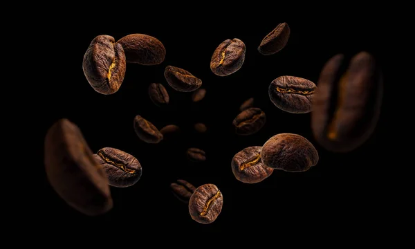 Kávébab Lebegnek Fekete Háttér — Stock Fotó