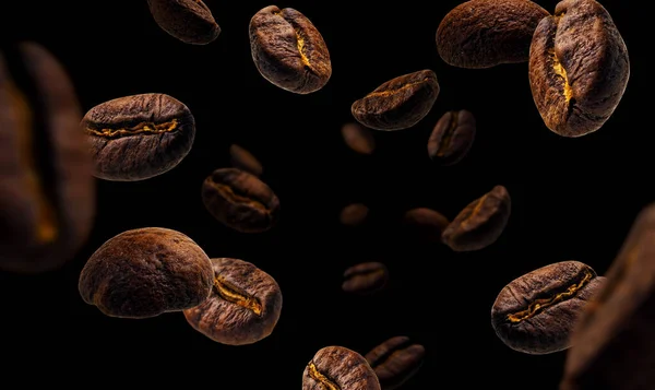 Kávébab lebegnek a fekete háttér — Stock Fotó