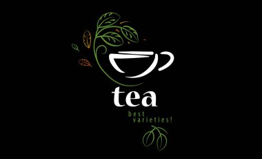 Üzerinde bir fincan çay ve siyah arka planda yapraklar olan vektör logosu.