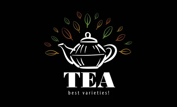 Vector-Logo mit bemalter Teekanne und Blättern auf schwarzem Hintergrund — Stockvektor