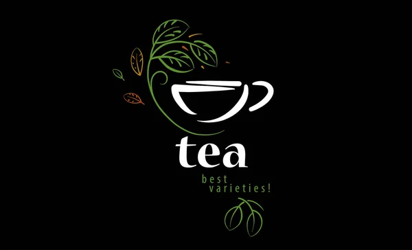 Vector-Logo mit einer bemalten Tasse Tee und Blättern auf schwarzem Hintergrund — Stockvektor