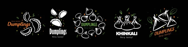 A set of vector logos with drawn dumplings on a black background — Stock Vector