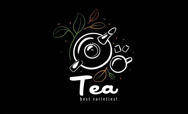 Vector-Logo mit einer bemalten Teekanne, einer Tasse Tee und Blättern auf schwarzem Hintergrund — Stockvektor