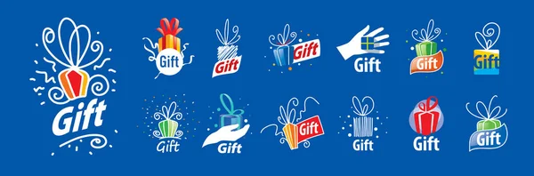 Un ensemble de logos-cadeaux vectoriels sur fond bleu — Image vectorielle