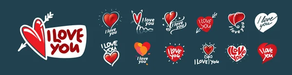 Um conjunto de logotipos vetoriais com corações vermelhos em um fundo cinza — Vetor de Stock
