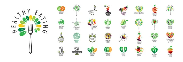 Un conjunto de logotipos de alimentos saludables vectoriales sobre un fondo blanco — Vector de stock