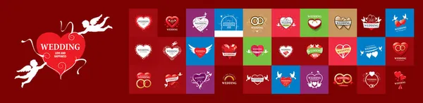 Ένα σύνολο διανυσματικών λογότυπων γάμου σε διαφορετικά χρωματιστά υπόβαθρα — Διανυσματικό Αρχείο