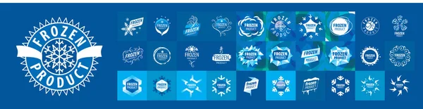 青い背景に冷凍製品のベクトルロゴのセット — ストックベクタ