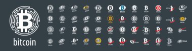 Gri arkaplanda Bitcoin logoları kümesi