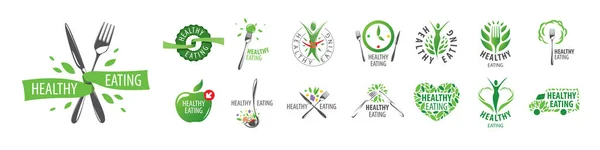 Beyaz arka planda bir dizi sağlıklı gıda logosu. — Stok Vektör