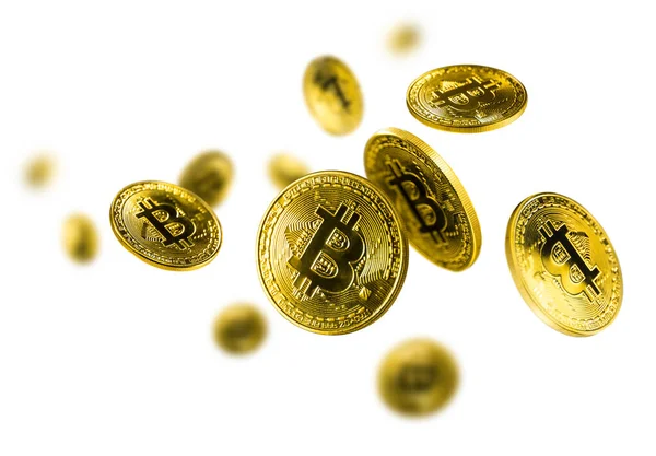 Guld Bitcoin mynt flyger på en vit bakgrund — Stockfoto