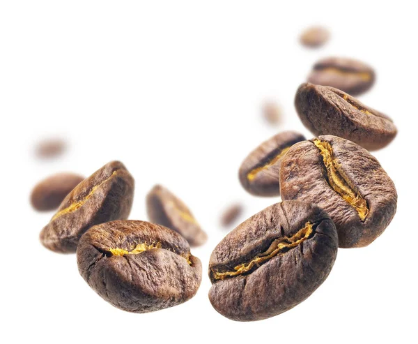 Los granos de café levitan sobre un fondo blanco — Foto de Stock