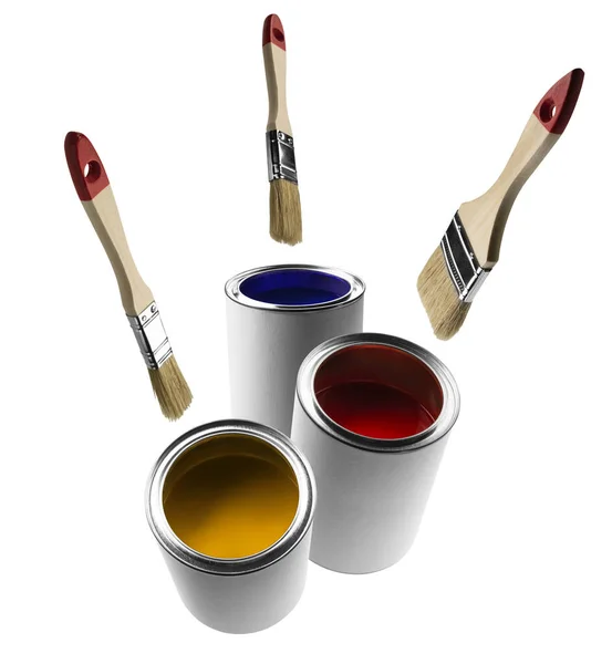 Scatole di vernice e pennelli levitanti su sfondo bianco — Foto Stock