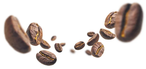 Koffiebonen Zweven Een Witte Achtergrond — Stockfoto