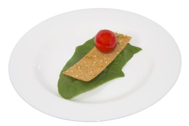 domates, kızarmış ekmek parçaları, yaprak bir tabak içinde izole